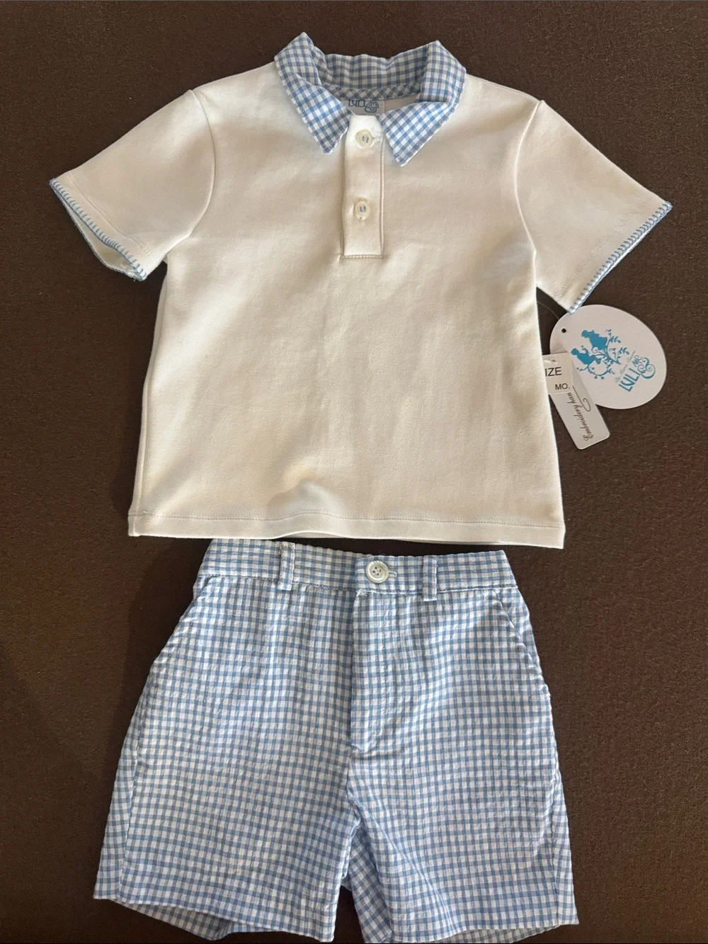 Luli & Me White Polo with Blue Gingham Collar and Shorts Set